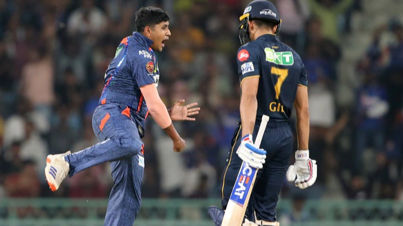 IPL bowler Yash Thakur celebrates a wicket